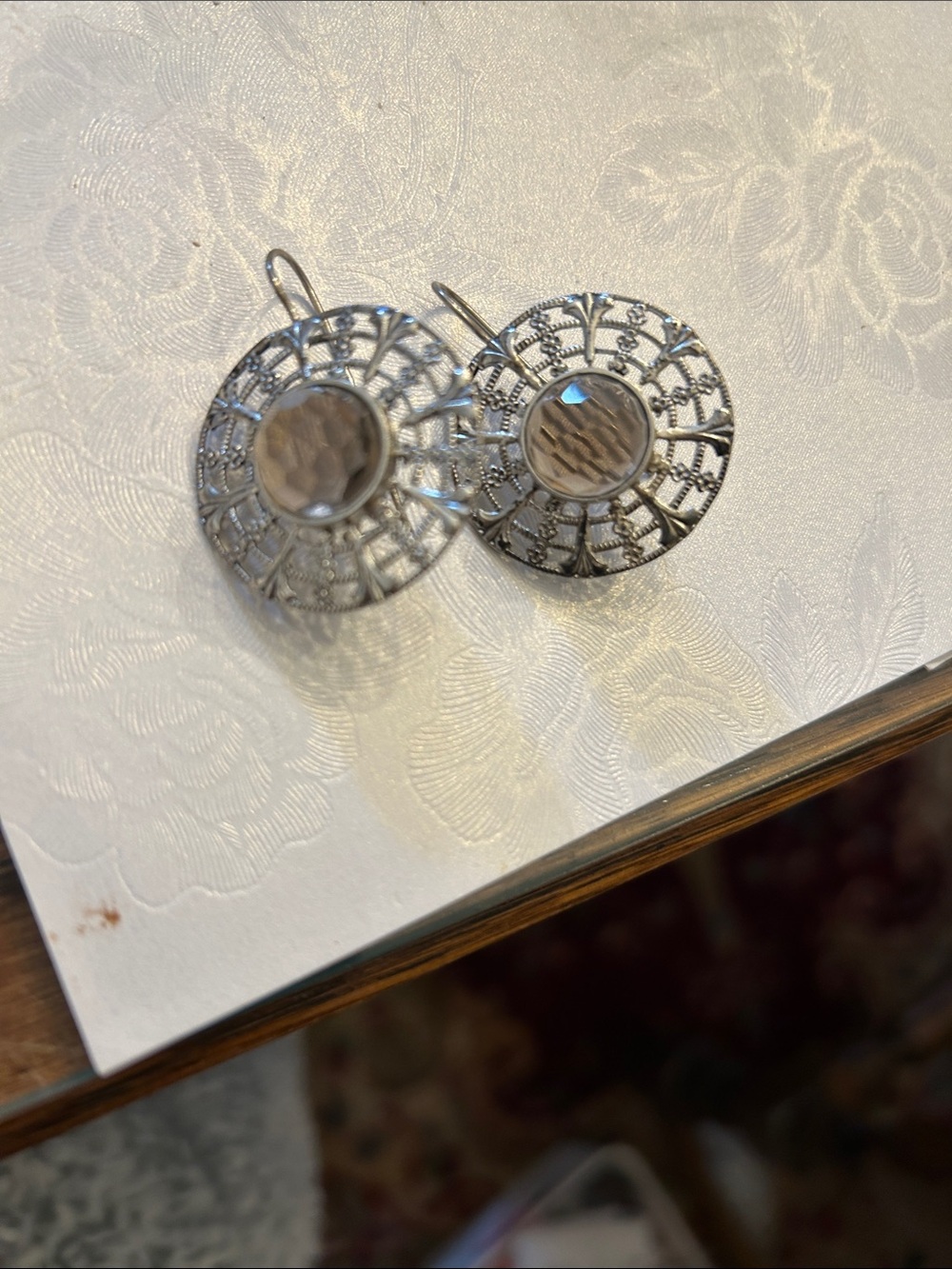 Sterling Silver Filigree Drop Earrings with Faceted Clear Center